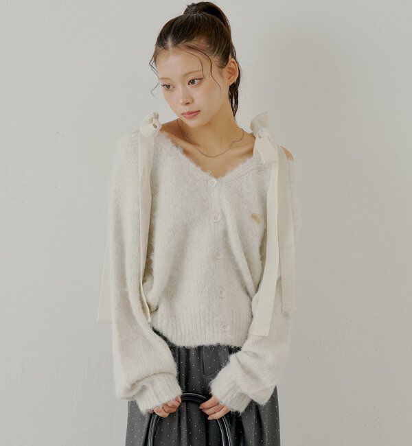  「【ブローチ取外し可】ベロアリボンルーズニットカーディガン」|カーディガン|
