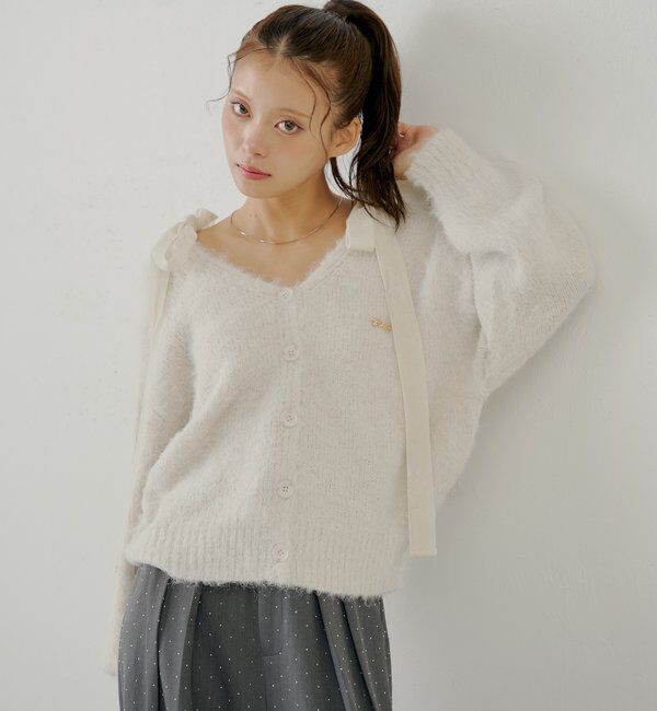  「【ブローチ取外し可】ベロアリボンルーズニットカーディガン」|カーディガン|
