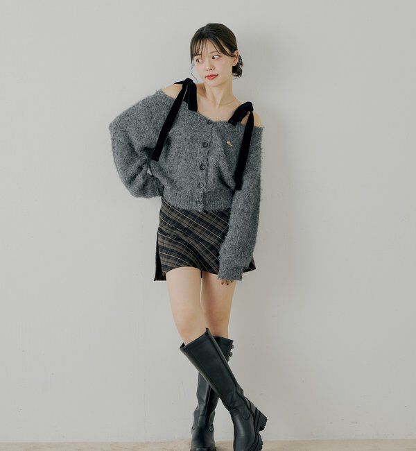  「【ブローチ取外し可】ベロアリボンルーズニットカーディガン」|カーディガン|