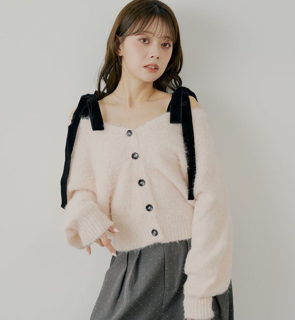  「【ブローチ取外し可】ベロアリボンルーズニットカーディガン」|カーディガン|