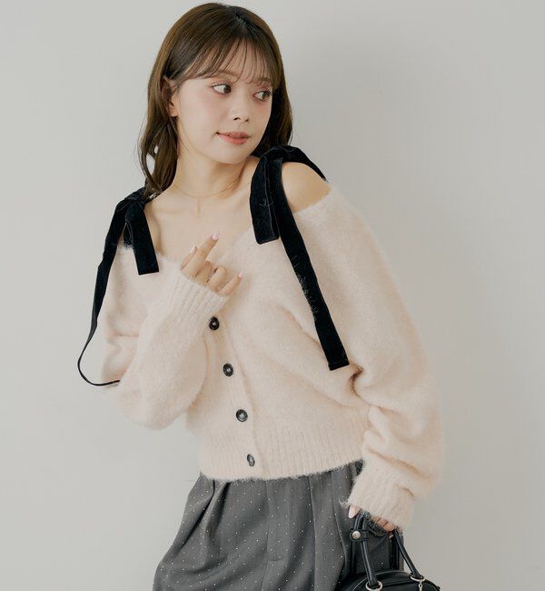  「【ブローチ取外し可】ベロアリボンルーズニットカーディガン」|カーディガン|