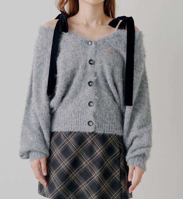  「【ブローチ取外し可】ベロアリボンルーズニットカーディガン」|カーディガン|