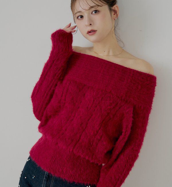  「リブデザインオフショルルーズニット」|ニット・セーター|