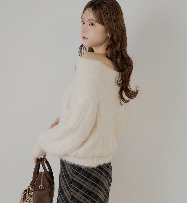  「リブデザインオフショルルーズニット」|ニット・セーター|