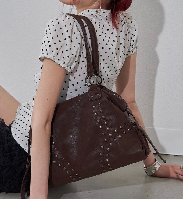  「スタッズショルダーバッグ（無地/ドット柄）」|トートバッグ|ダークブラウン