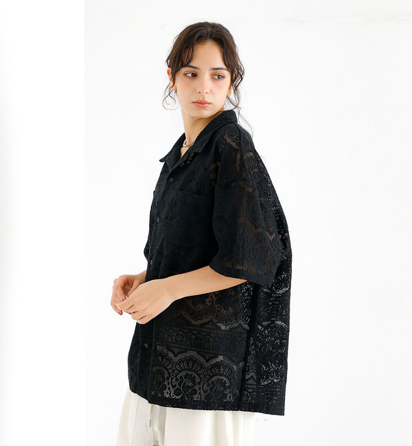 ABAHOUSE「【Revo.レボ】透かし編みニットオープンカラー半端袖シャツ」|シャツ・ブラウス|