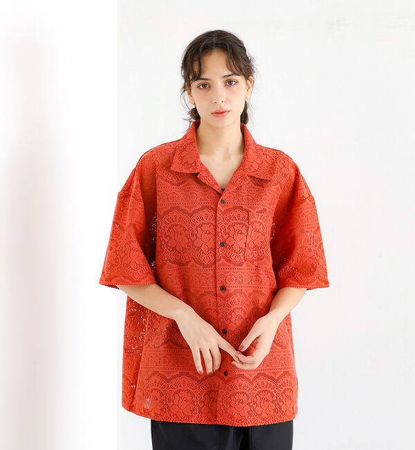 ABAHOUSE「【Revo.レボ】透かし編みニットオープンカラー半端袖シャツ」|シャツ・ブラウス|