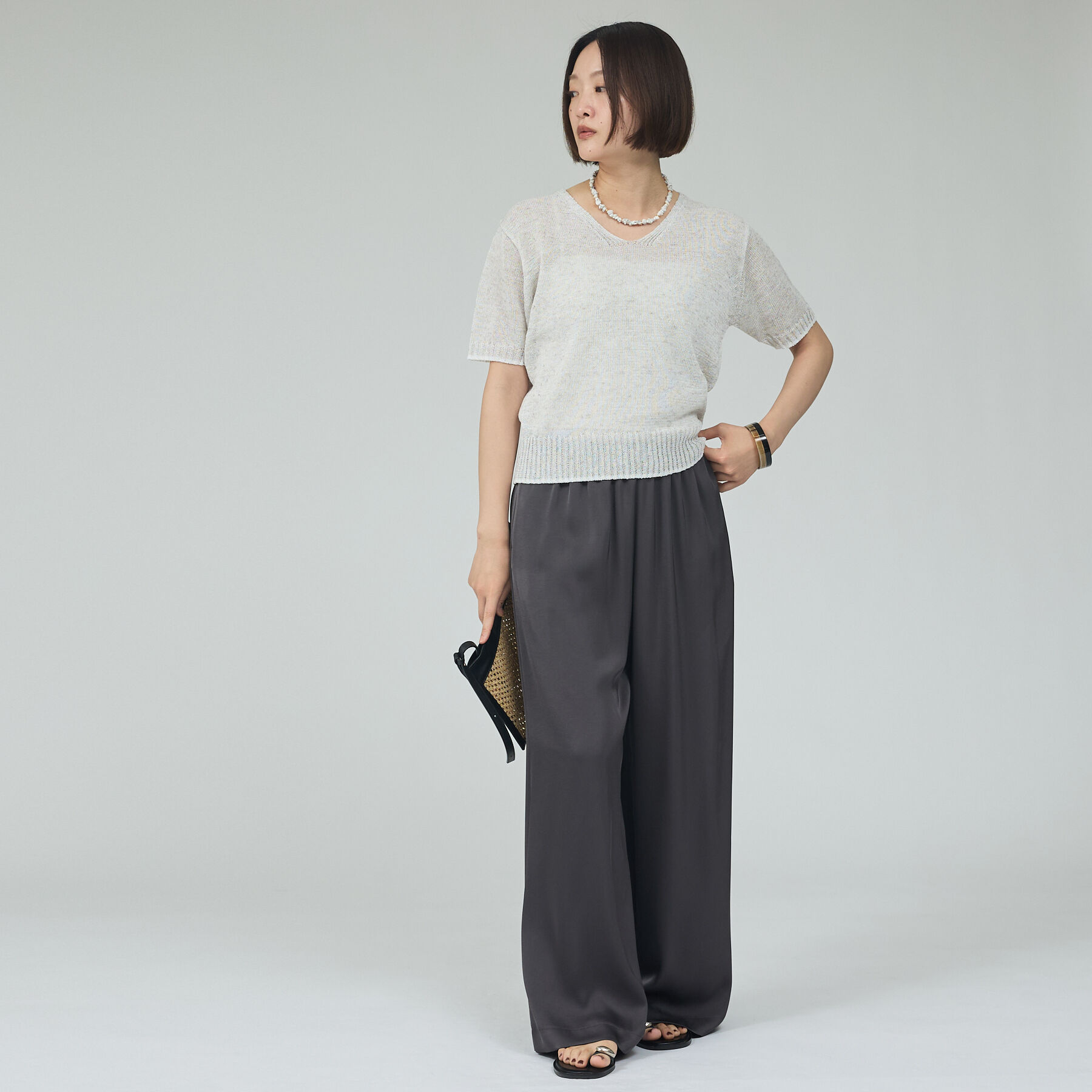 qualite「カラーポリリネンVネックニット【予約】」|ニット・セーター|