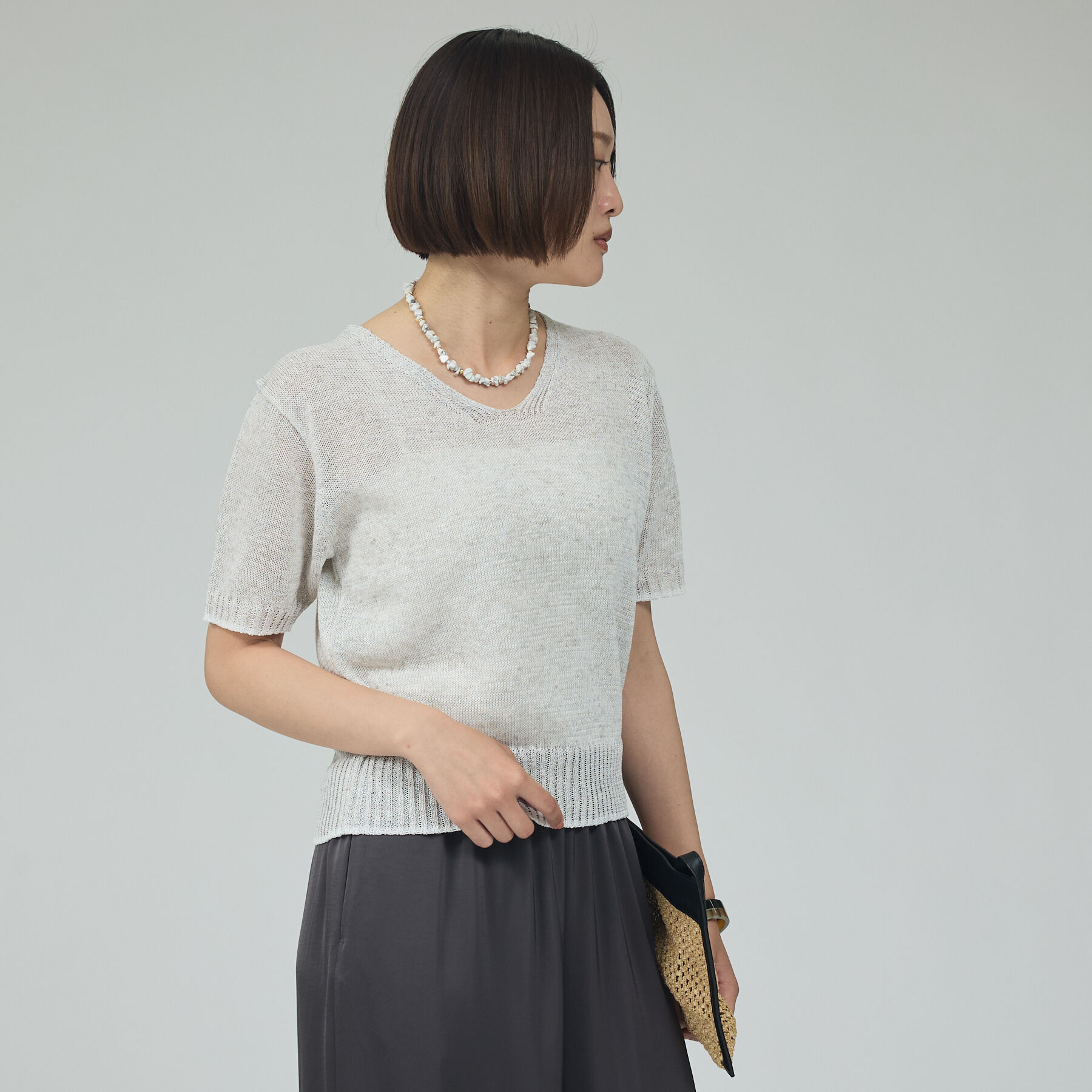 qualite「カラーポリリネンVネックニット【予約】」|ニット・セーター|