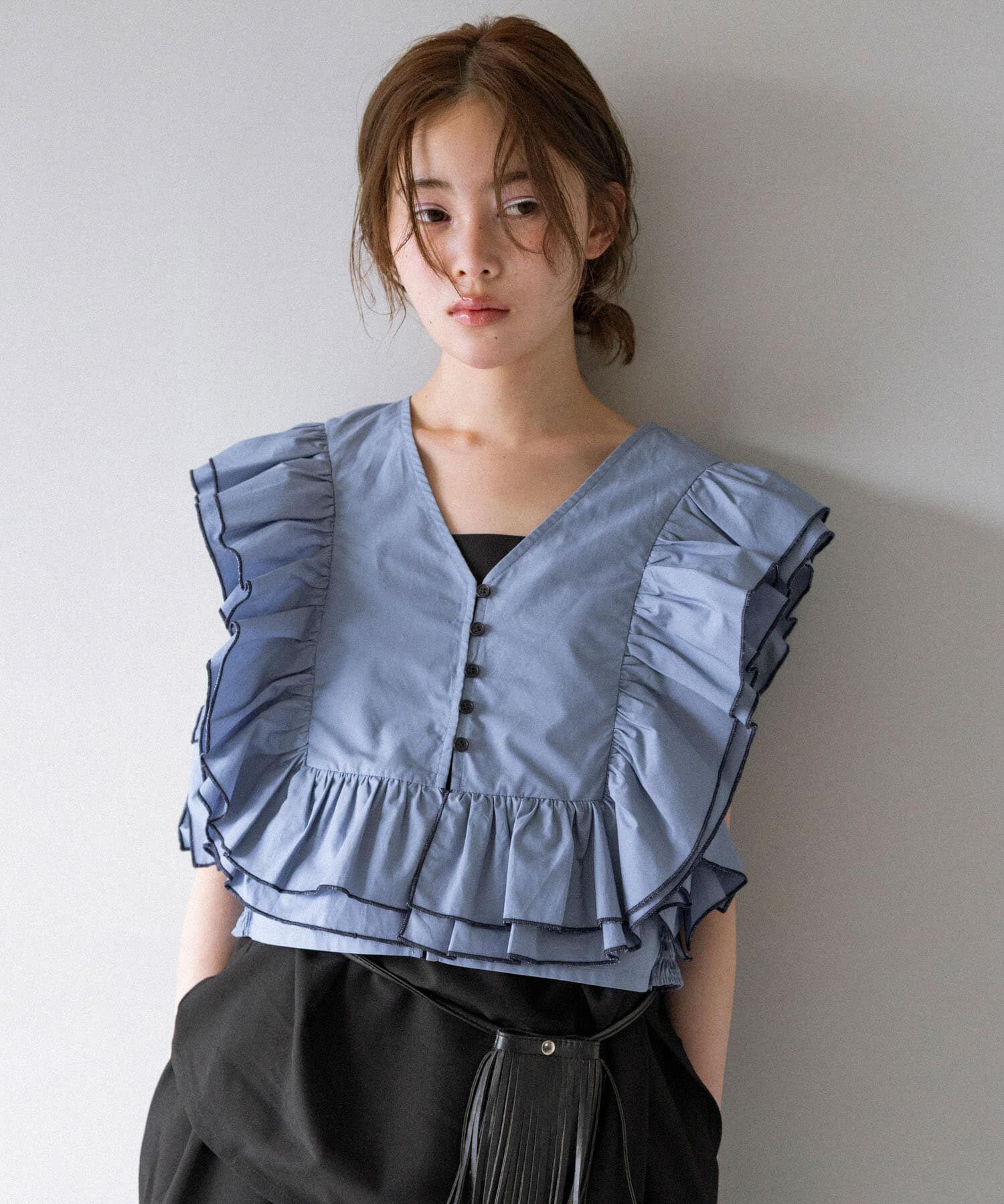  「2WAYバイカラーフリルブラウス」|シャツ・ブラウス|ブルー