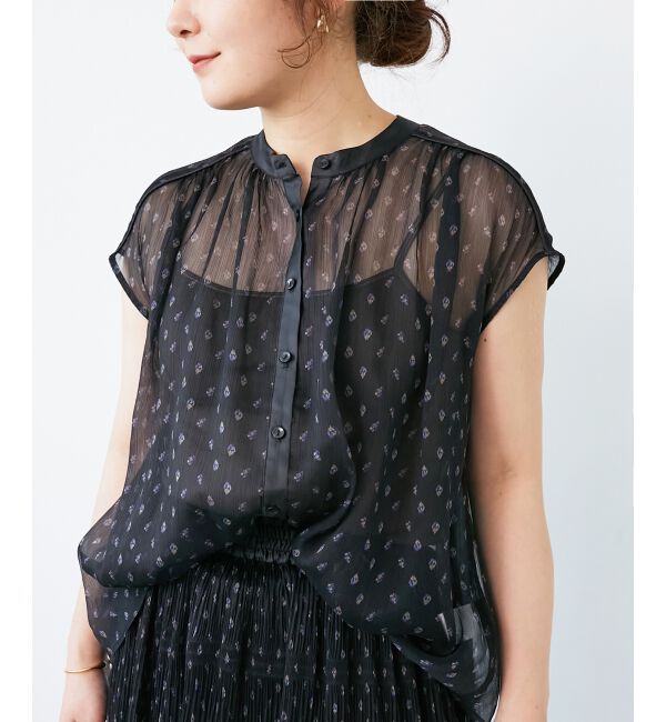  「楊柳フラワープリントフレンチブラウス」|シャツ・ブラウス|ブラック柄