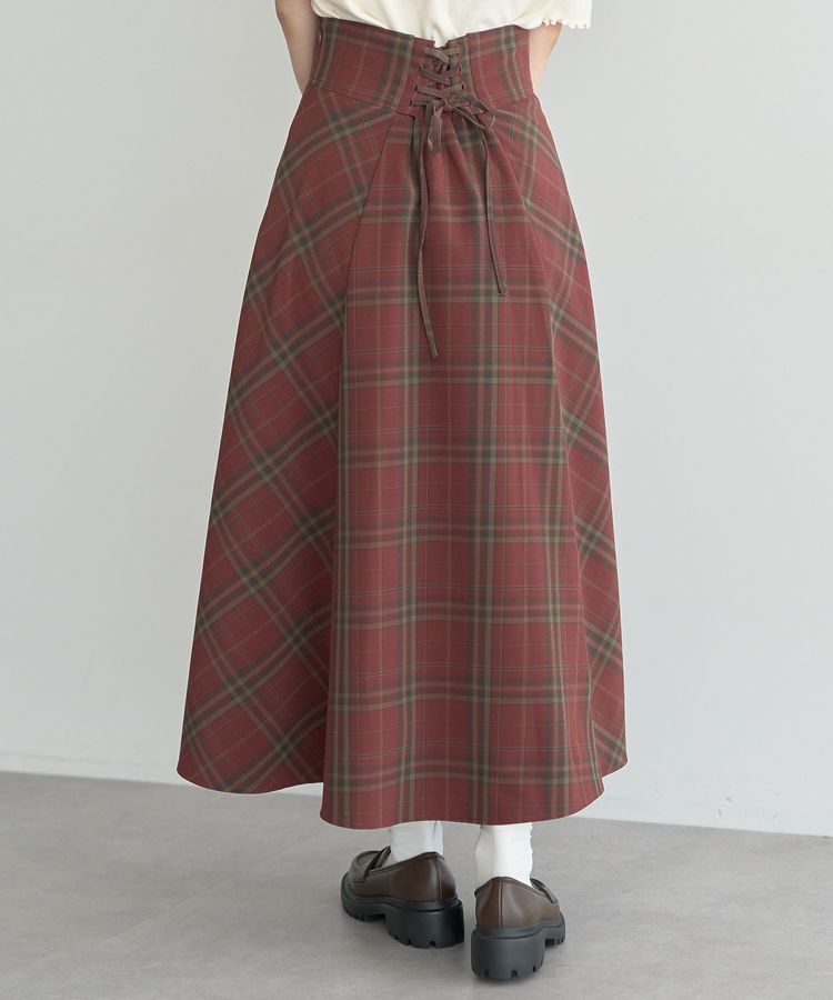 earth music&ecology「バックレースアップチェックスカート」|フレア|Bordeaux