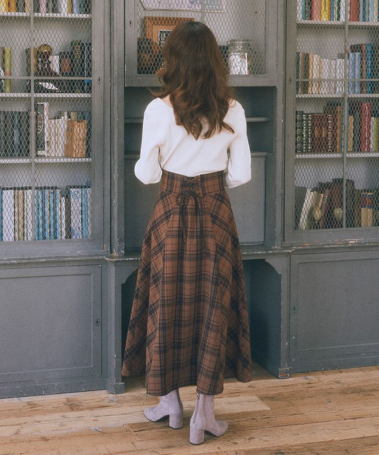 earth music&ecology「バックレースアップチェックスカート」|フレア|