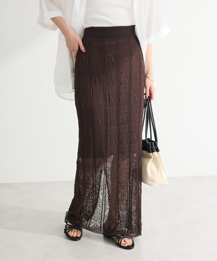 Green Parks「透かし柄ニットレースIラインスカート」|タイト|