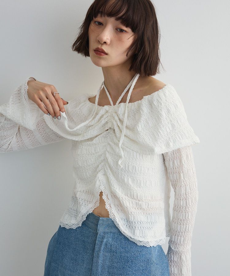 AnriettMusee「シャーリングオフショルプルオーバー」|Tシャツ・カットソー|Off White