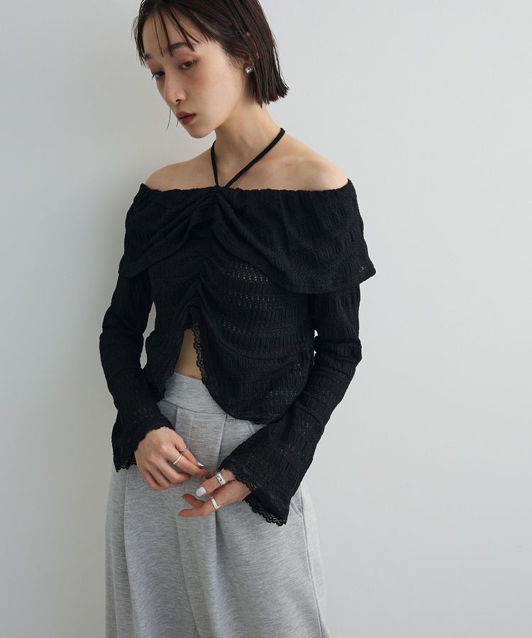 AnriettMusee「シャーリングオフショルプルオーバー」|Tシャツ・カットソー|Black