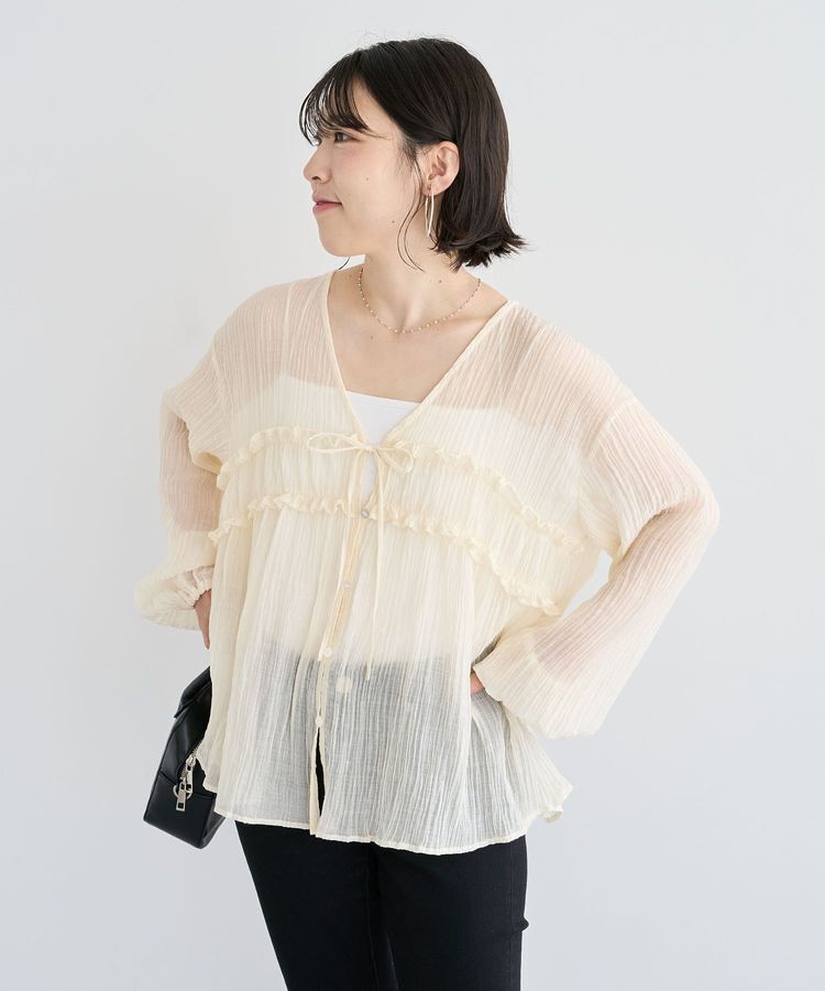 Green Parks「Vネックフリルシアープリーツブラウス」|シャツ・ブラウス|