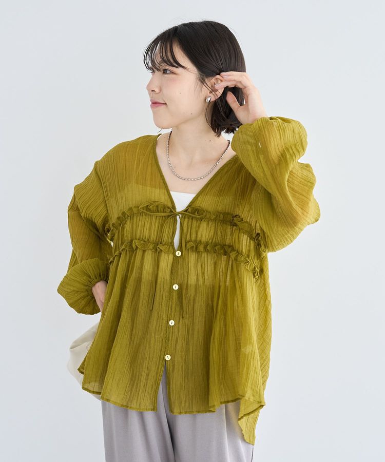 Green Parks「Vネックフリルシアープリーツブラウス」|シャツ・ブラウス|