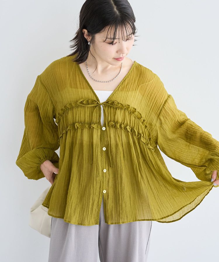 Green Parks「Vネックフリルシアープリーツブラウス」|シャツ・ブラウス|