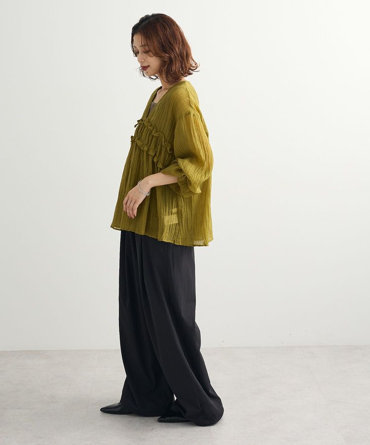 Green Parks「Vネックフリルシアープリーツブラウス」|シャツ・ブラウス|