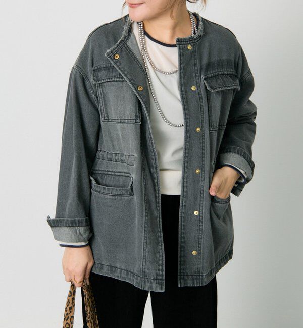  「デニムノーカラーワークジャケット」|デニムジャケット|