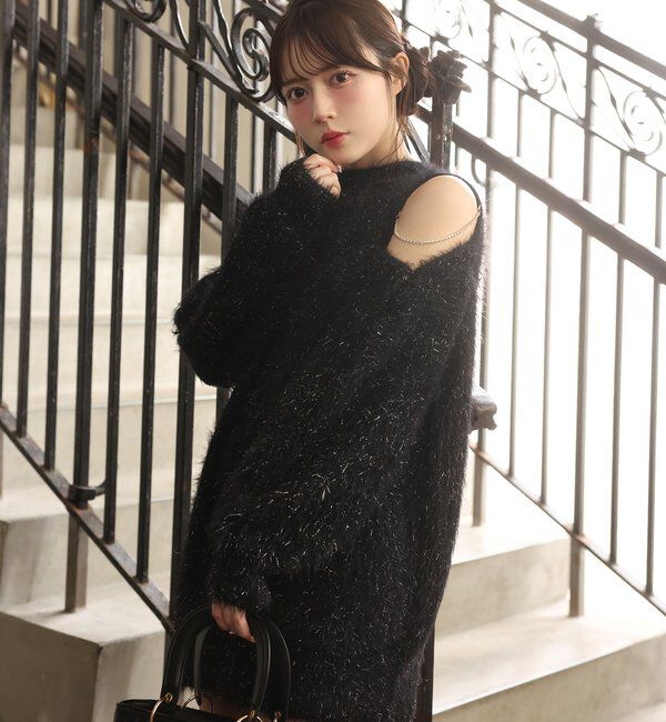  「肩あきビジューニットミニワンピ」|ワンピース|ブラック