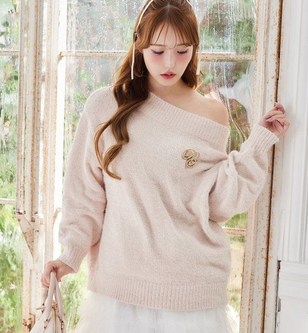  「ブローチ付きベロアモールミニニットワンピース」|ワンピース|