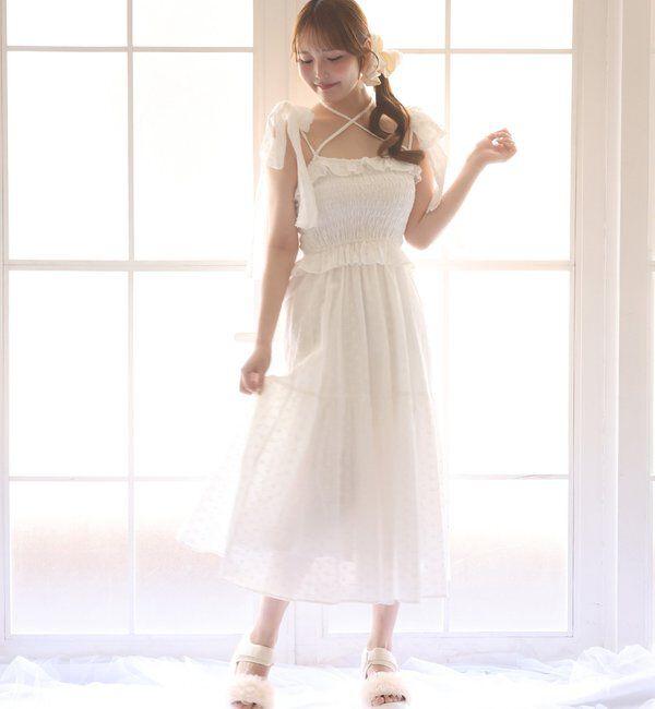  「【SMサイズ展開あり】肩リボンシャーリングキャミワンピ」|ワンピース|