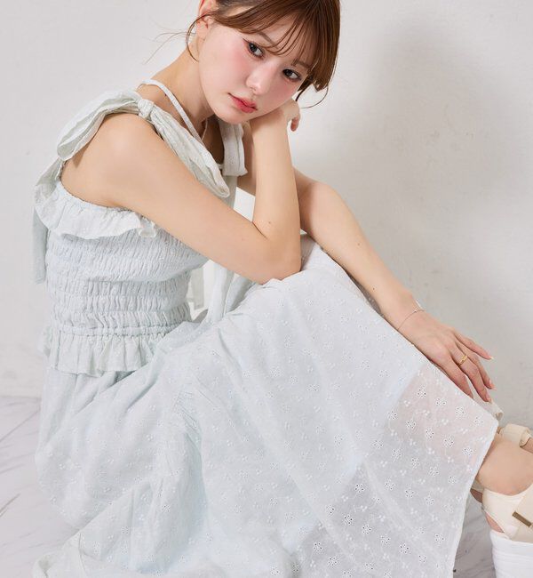  「【SMサイズ展開あり】肩リボンシャーリングキャミワンピ」|ワンピース|