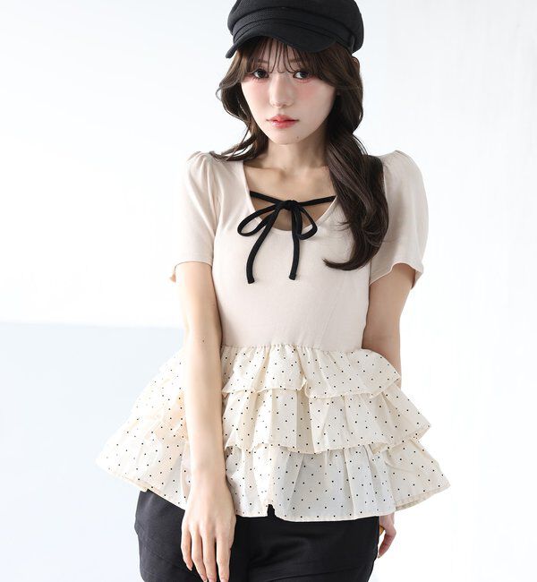  「リボン付き裾フリルペプラムトップス」|プルオーバー|