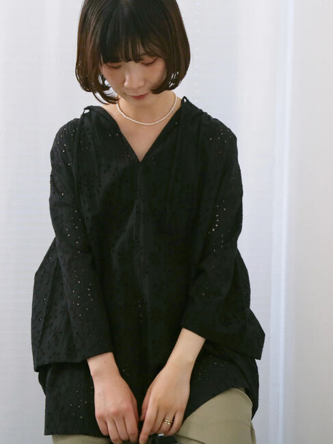 Samansa Mos2 blue「【Made in India】タッセル付ギャザーレースブラウス」|シャツ・ブラウス|