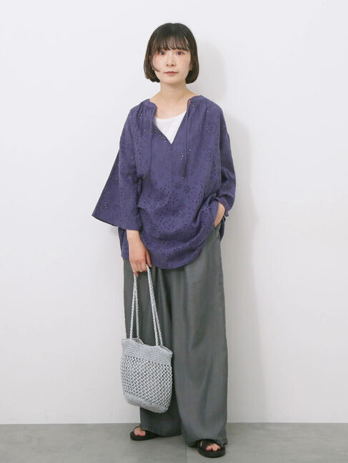 Samansa Mos2 blue「【Made in India】タッセル付ギャザーレースブラウス」|シャツ・ブラウス|