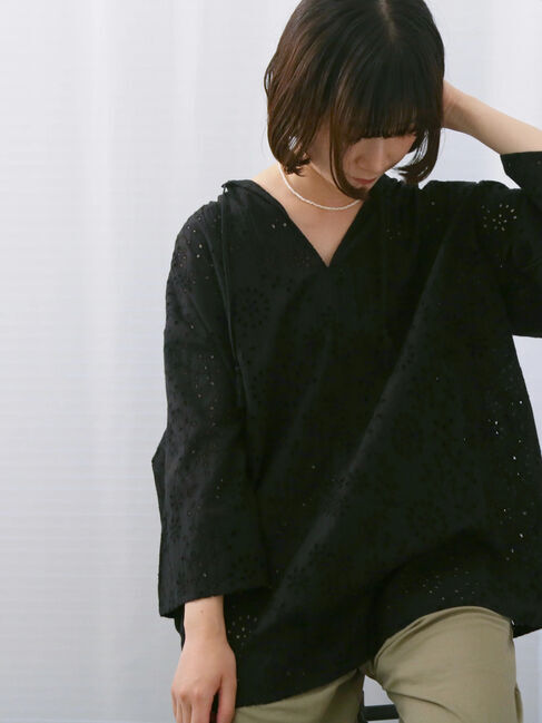 Samansa Mos2 blue「【Made in India】タッセル付ギャザーレースブラウス」|シャツ・ブラウス|