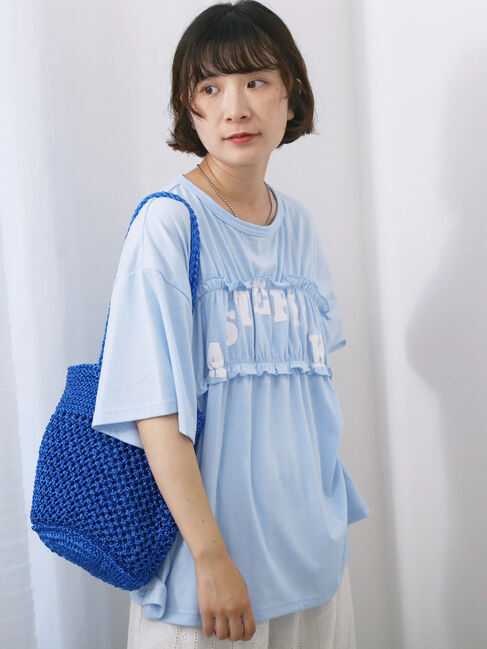 Samansa Mos2 blue「◎【接触冷感】シャーリングドッキングTシャツ」|Tシャツ・カットソー|