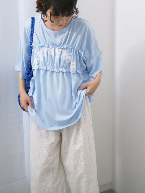 Samansa Mos2 blue「◎【接触冷感】シャーリングドッキングTシャツ」|Tシャツ・カットソー|