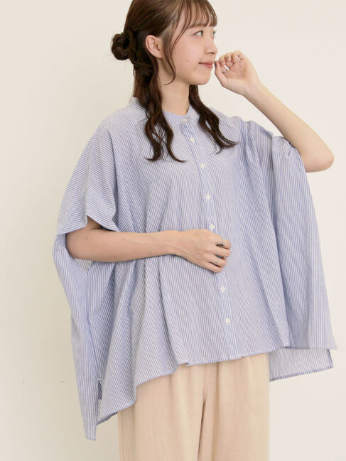 Samansa Mos2「柄アソート肩タックバンドカラーチュニック」|シャツ・ブラウス|ブルー