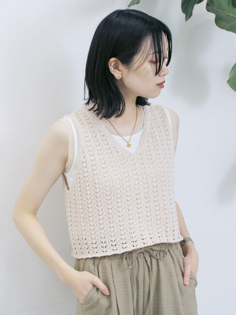 Samansa Mos2 blue「テープヤーン透かしニットベスト」|ニット・セーター|