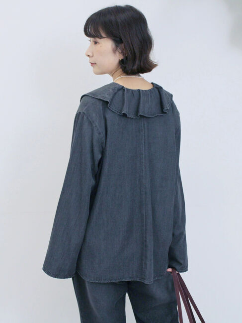 Samansa Mos2 blue「【ECO DENIM 】フリルブラウス」|シャツ・ブラウス|