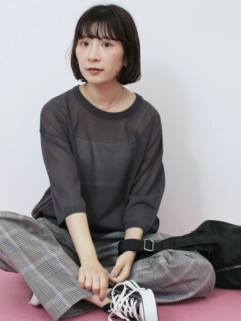 Samansa Mos2 blue「7分袖ラメニットプルオーバー」|ニット・セーター|チャコールグレー