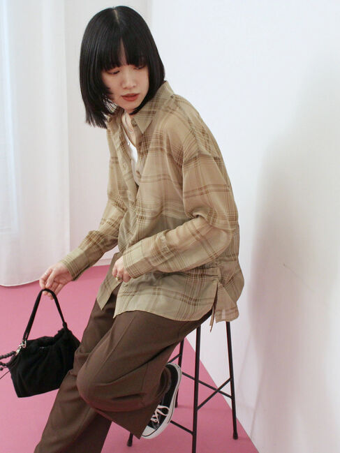 Samansa Mos2 blue「シアーチェックシャツ」|シャツ・ブラウス|ベージュ