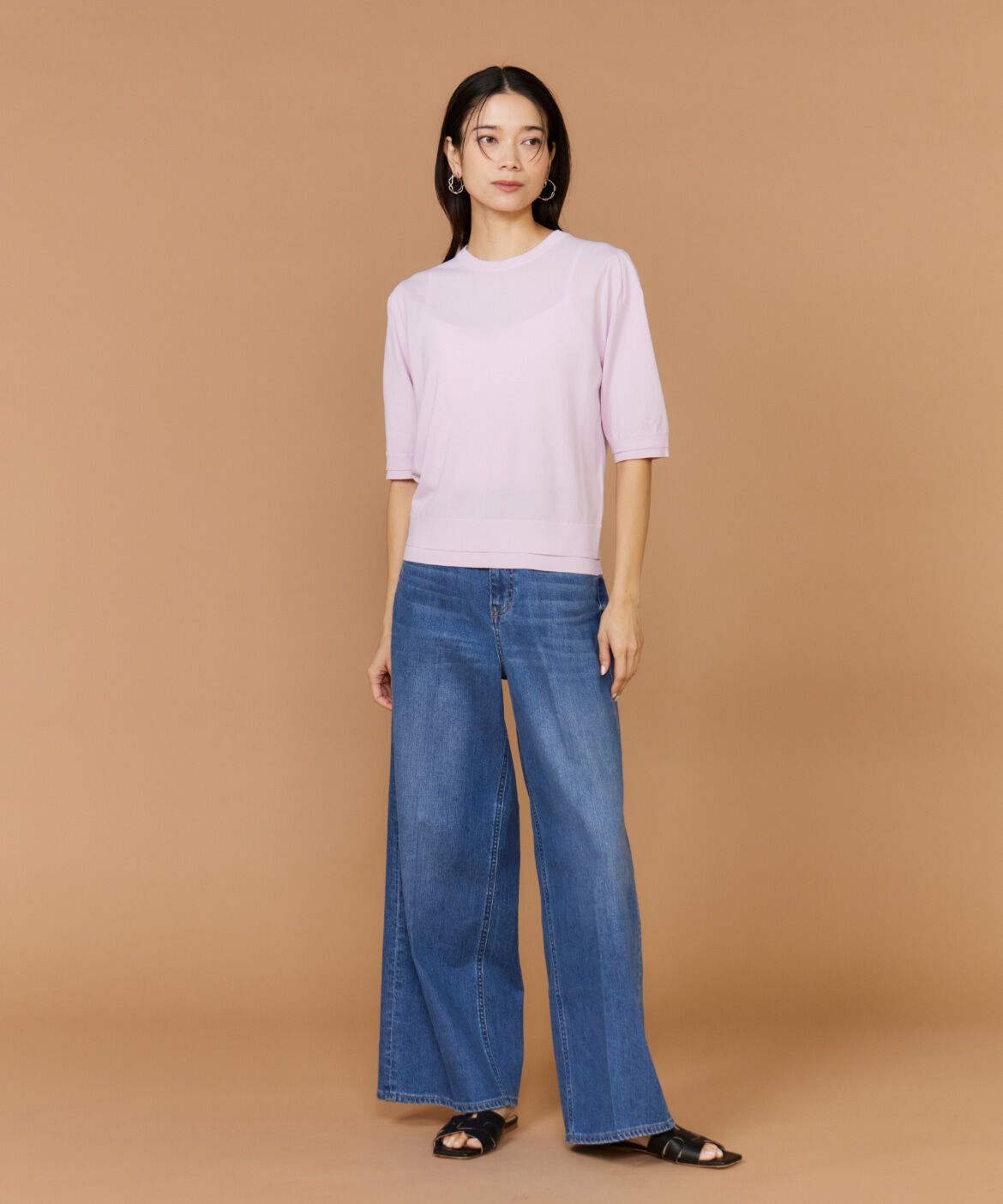 INED「《大きいサイズ》クルーネック5分袖サマーニット」|ニット・セーター|