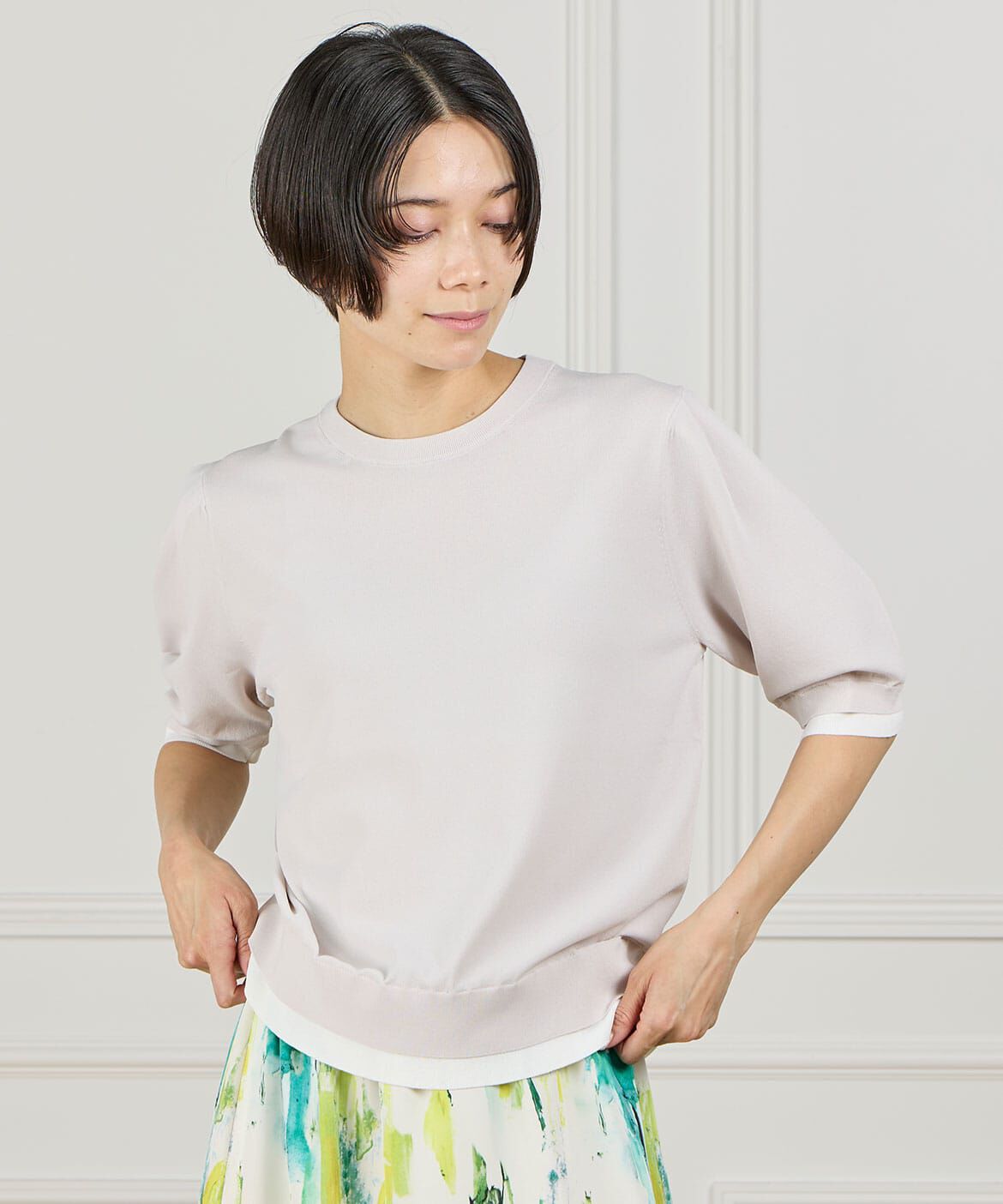 INED「《大きいサイズ》クルーネック5分袖サマーニット」|ニット・セーター|