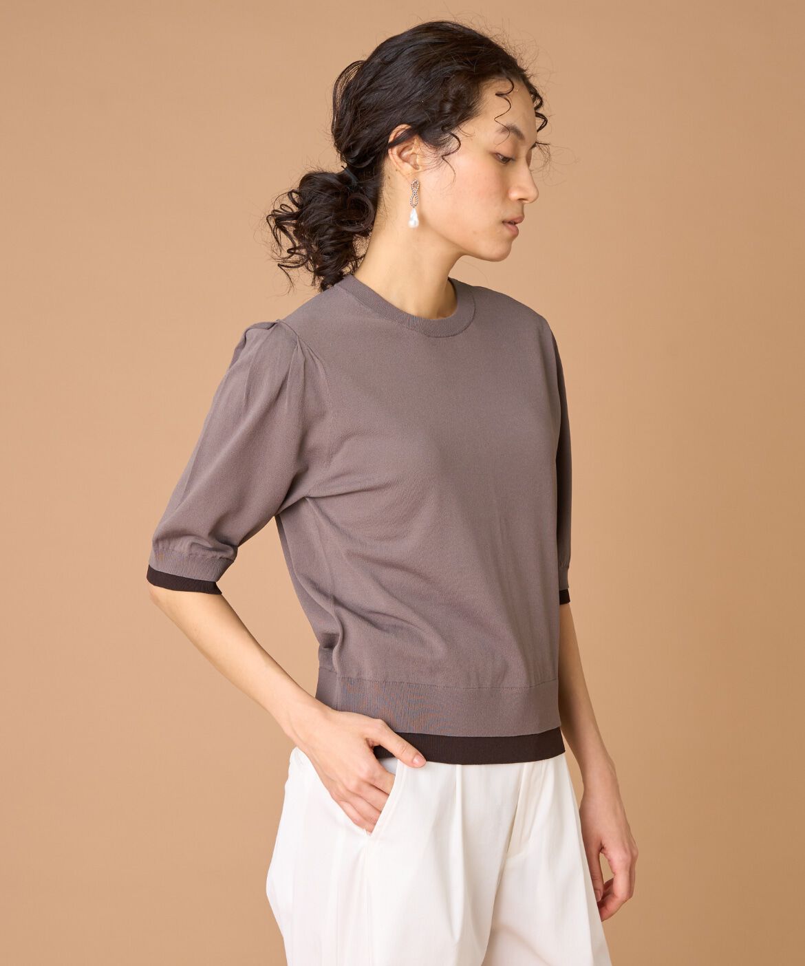 INED「《大きいサイズ》クルーネック5分袖サマーニット」|ニット・セーター|