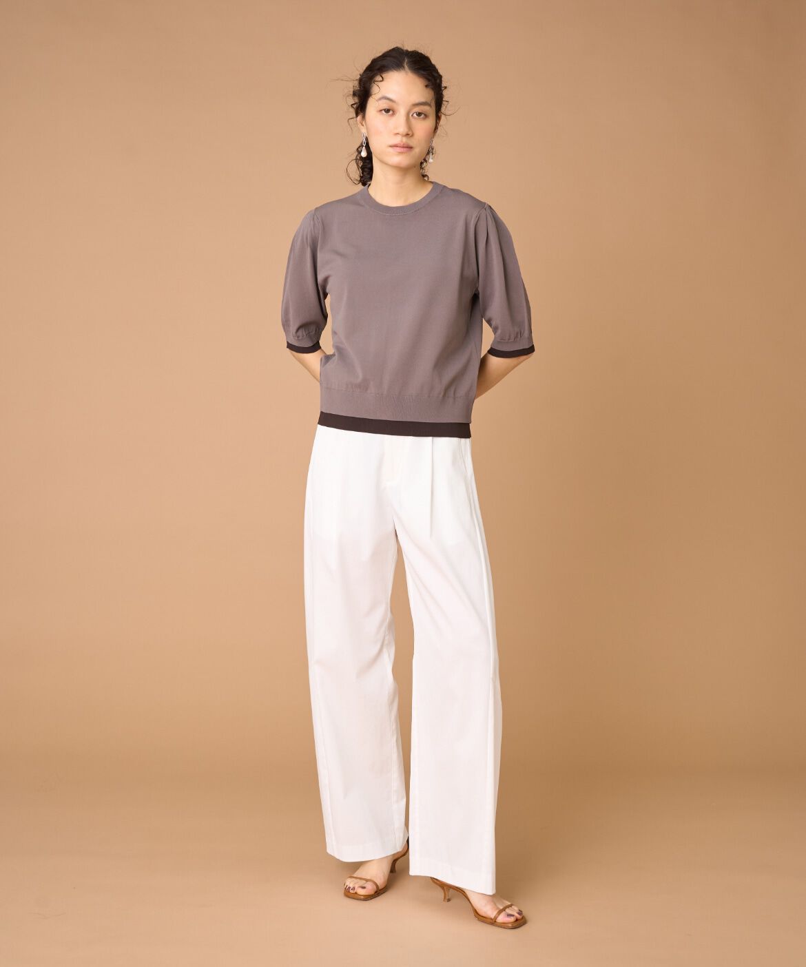 INED「《大きいサイズ》クルーネック5分袖サマーニット」|ニット・セーター|