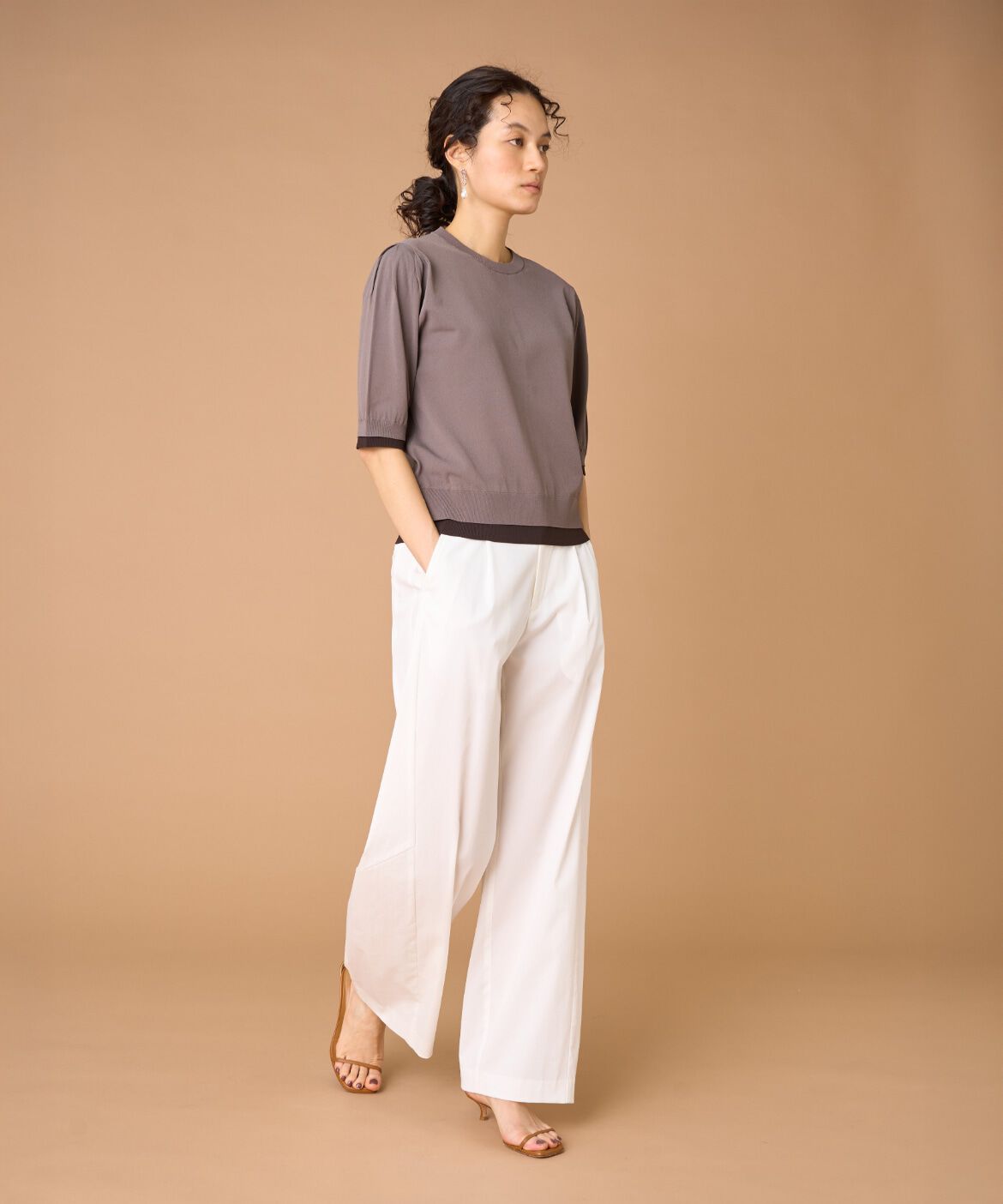 INED「《大きいサイズ》クルーネック5分袖サマーニット」|ニット・セーター|