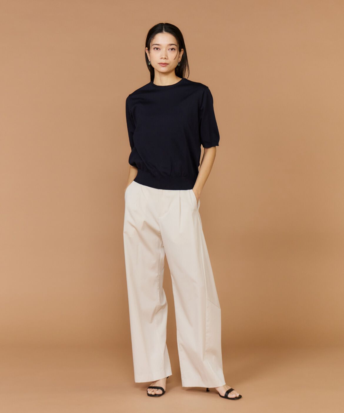 INED「《大きいサイズ》クルーネック5分袖サマーニット」|ニット・セーター|