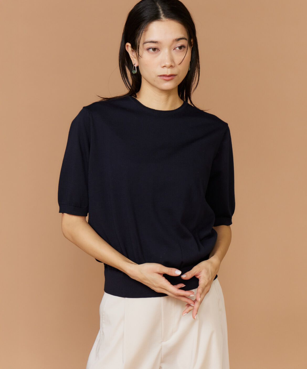INED「《大きいサイズ》クルーネック5分袖サマーニット」|ニット・セーター|ダークネイビ 8