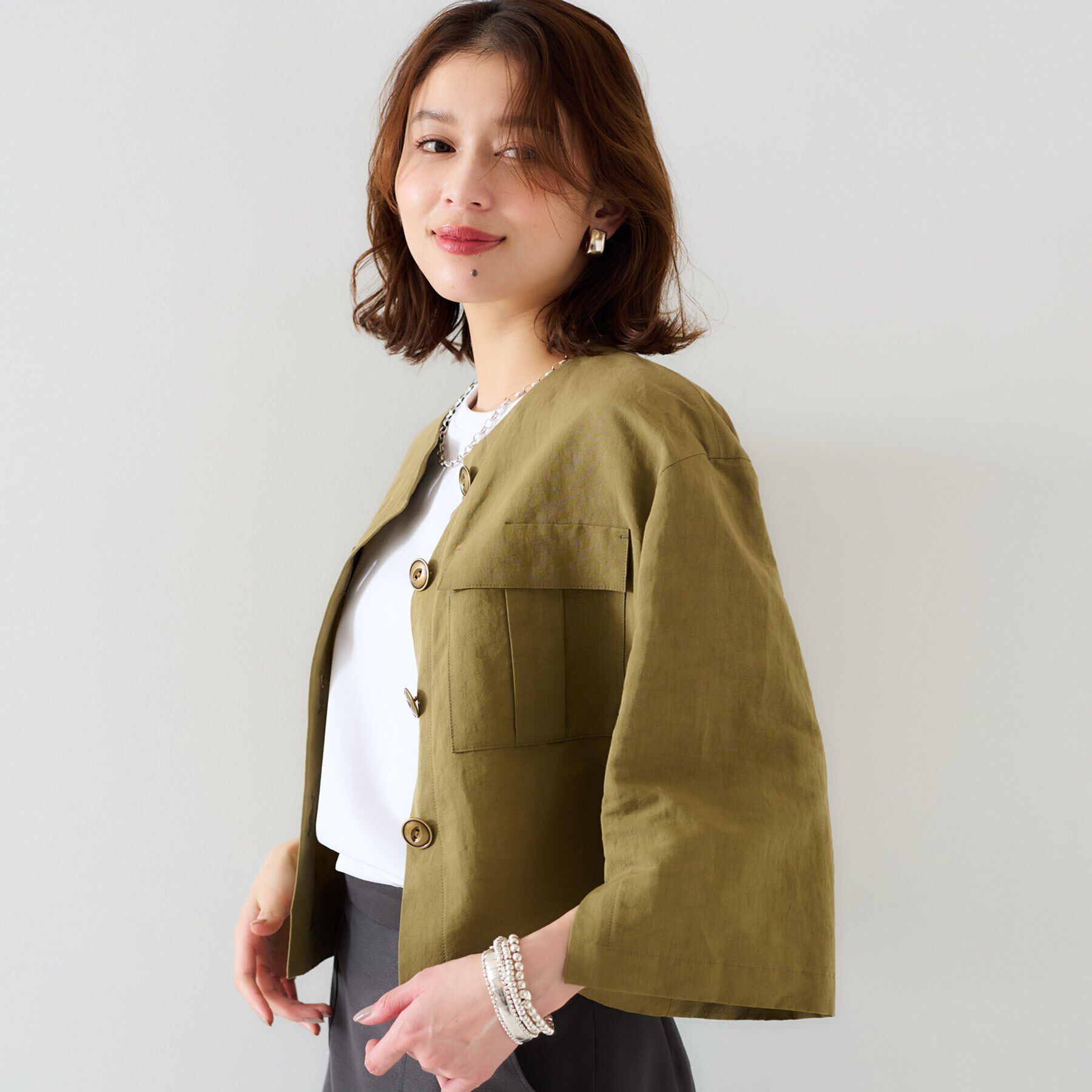 UNTITLED「【トレンド/七分袖】タイプライター ノーカラージャケット」|ノーカラージャケット|