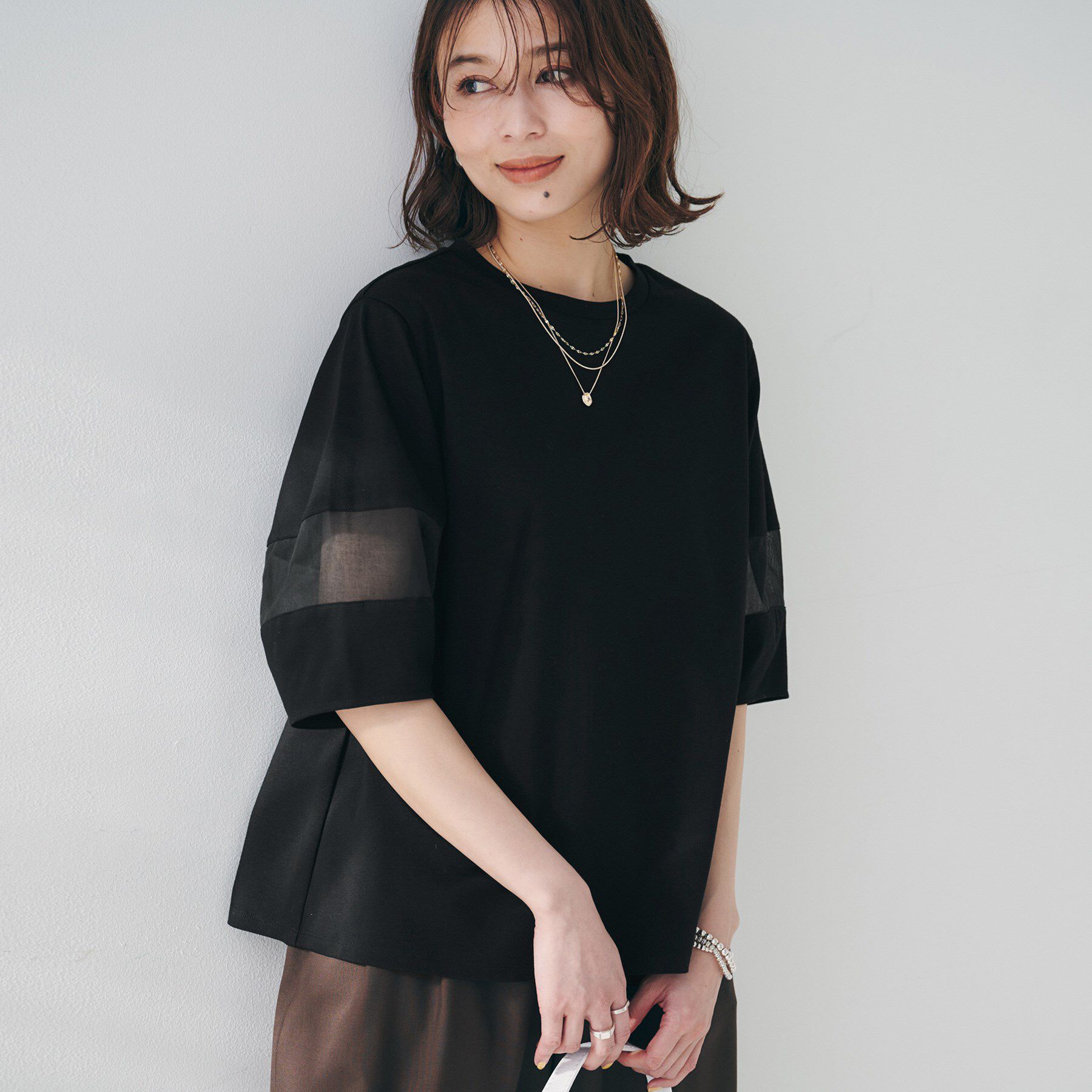 UNTITLED「【二の腕カバー/接触冷感】袖オーガンジープルオーバー」|Tシャツ・カットソー|ブラック(019)