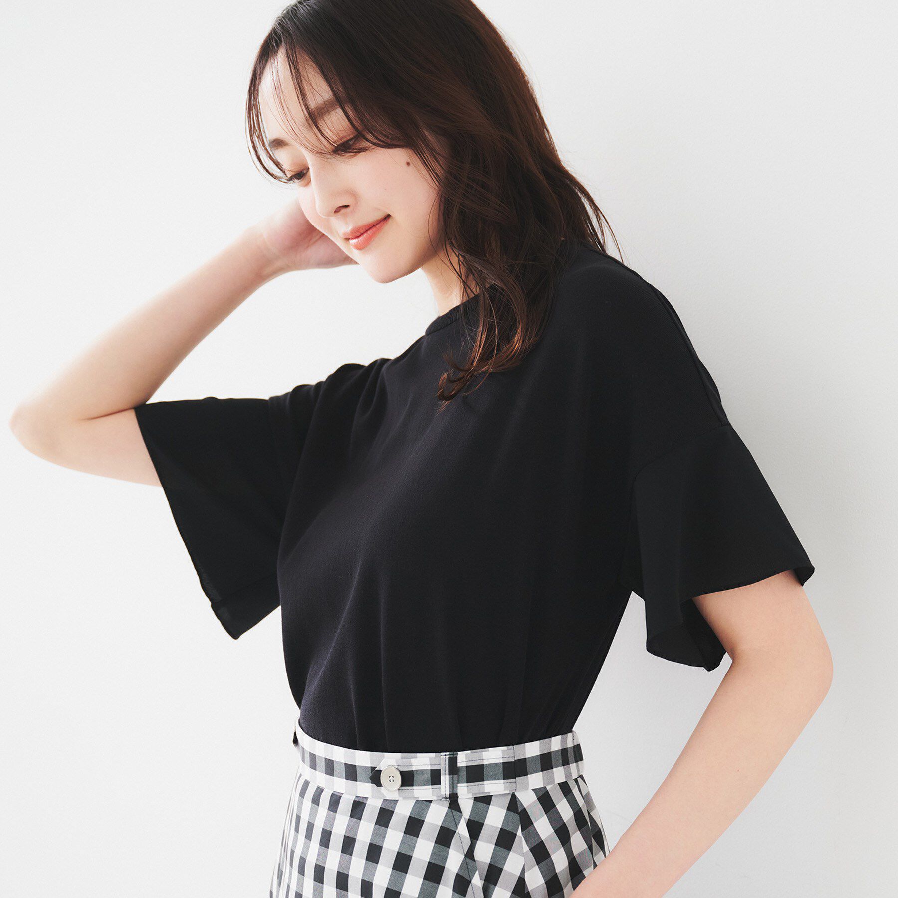 UNTITLED「【洗える/体型カバー】袖異素材プルオーバーニット」|ニット・セーター|